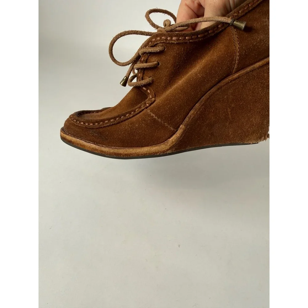 Frye Womens Cognac Brown Suede Lace Up Moc Toe Wedge Booties Shoes‎
